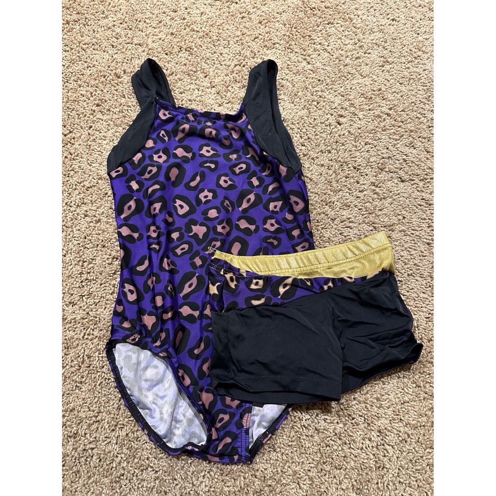 Balera Girls Purple Leopard Gymnastics Leotard and‎ Shorts Set LC Made in USA